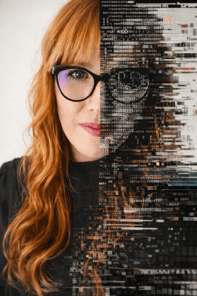 Rebecca Pedrazzi, art critic and AI Art curator: a portrait half photograph, half broken down into code